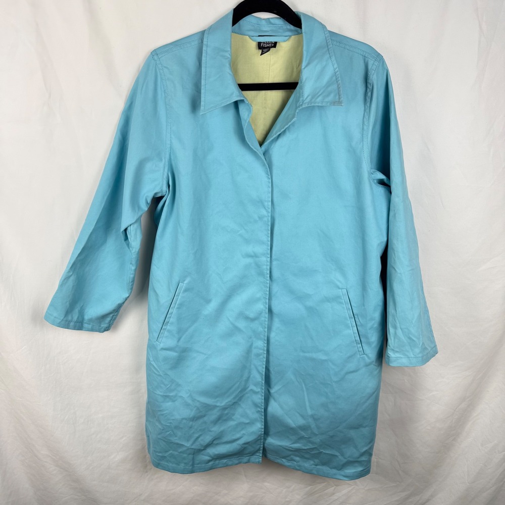 Eileen Fisher Long Light Blue Lined Jacket Medium Water‎ Resistant Snap Closure